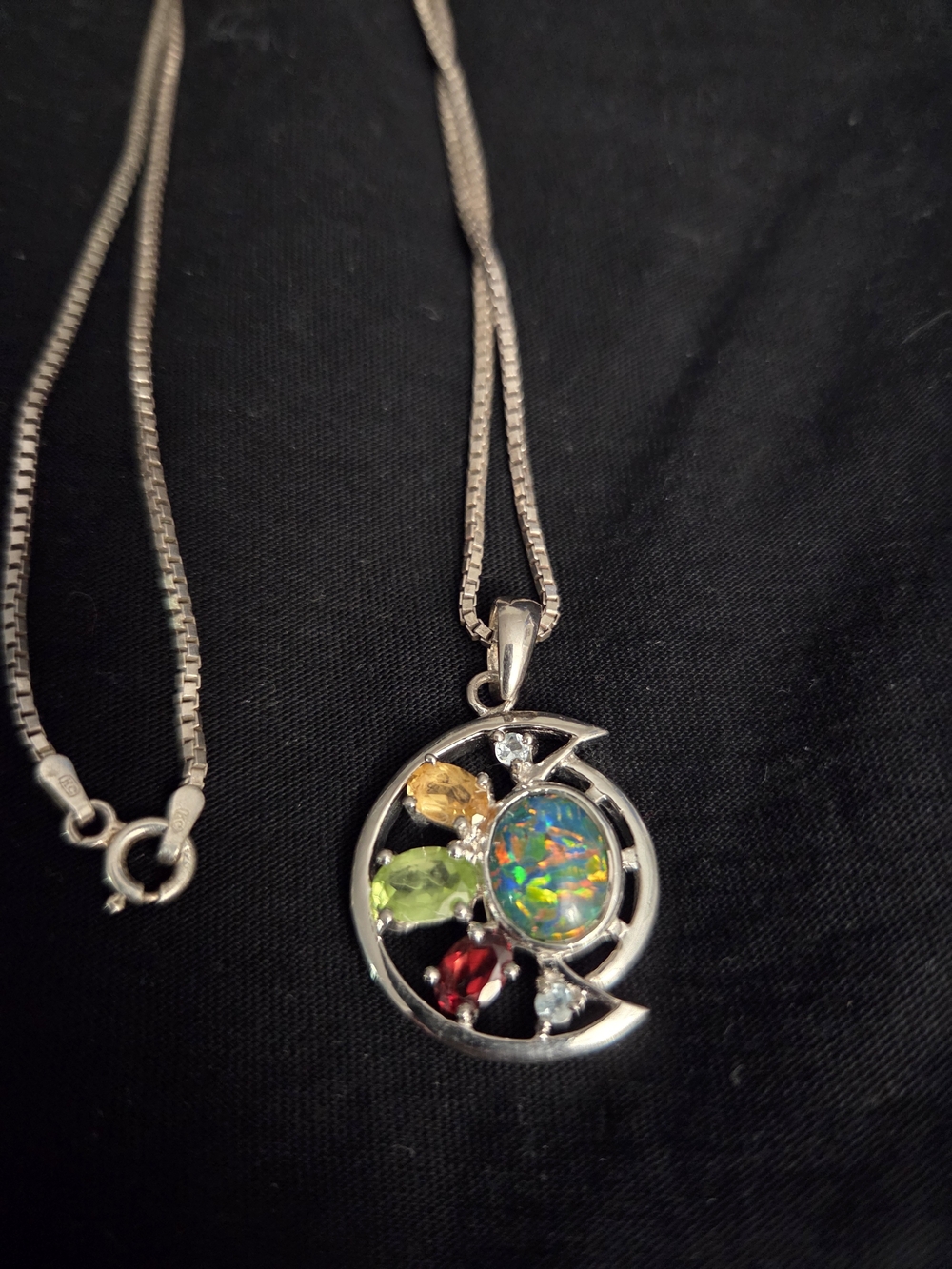Multi-Gem Crescent Pendant Necklace - Silver with Opal and Colored Gemstones